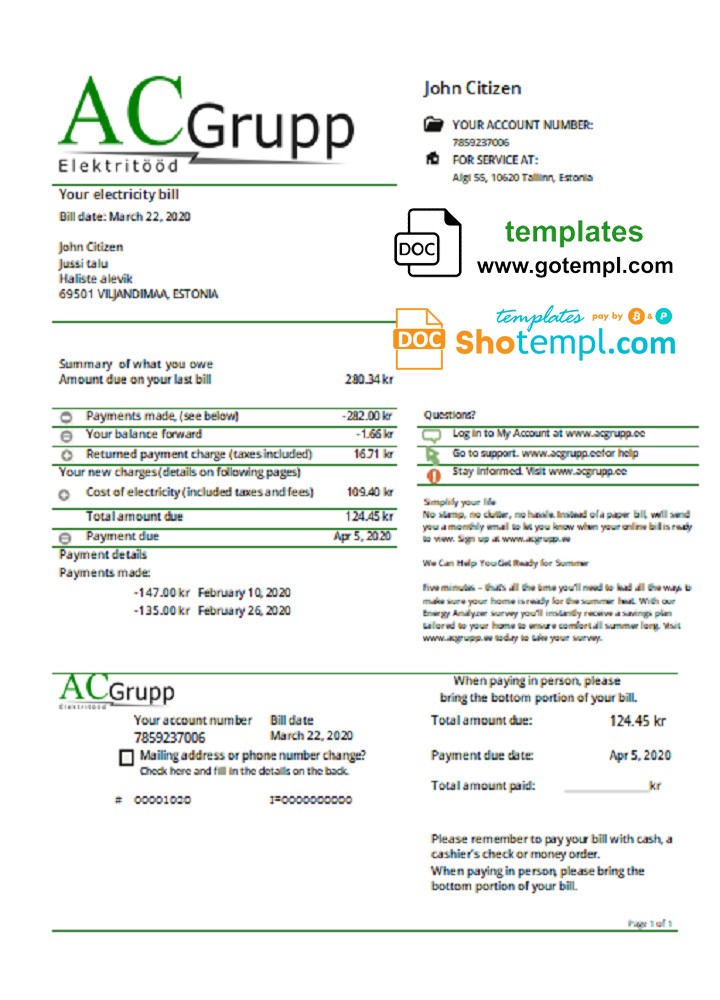 Estonian AC Grupp OÜ electricity utility bill download example in Word and PDF format
